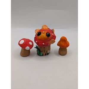 Handmade Clay Mushroom Trio Figurine Set Whimsical Cottagecore Decor Red Orange